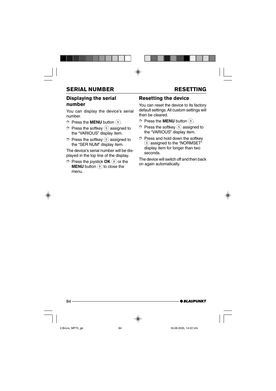 Serial number resetting | Blaupunkt BRONX MP75 User Manual | Page 43 / 46