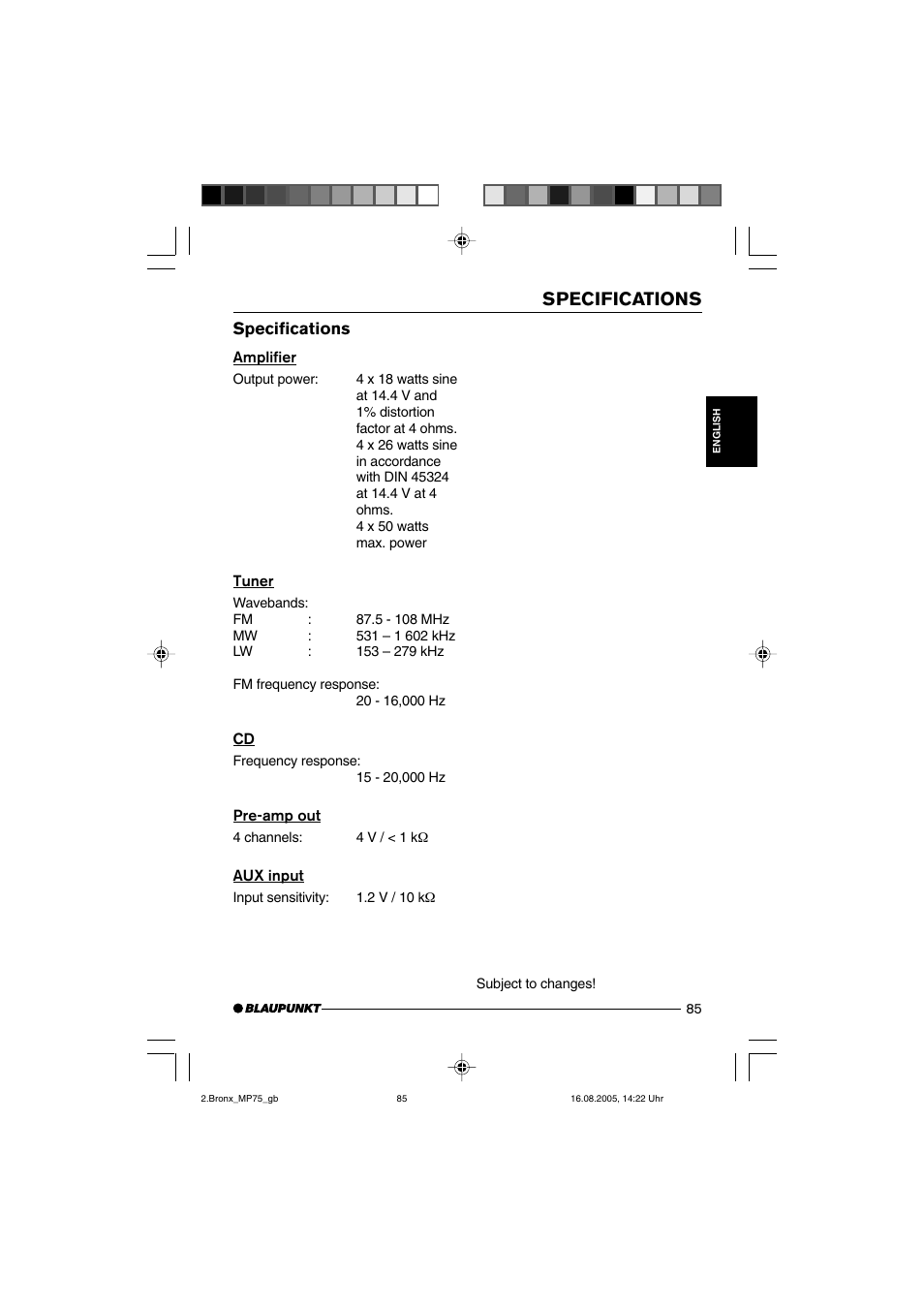Specifications | Blaupunkt BRONX MP75 User Manual | Page 44 / 46