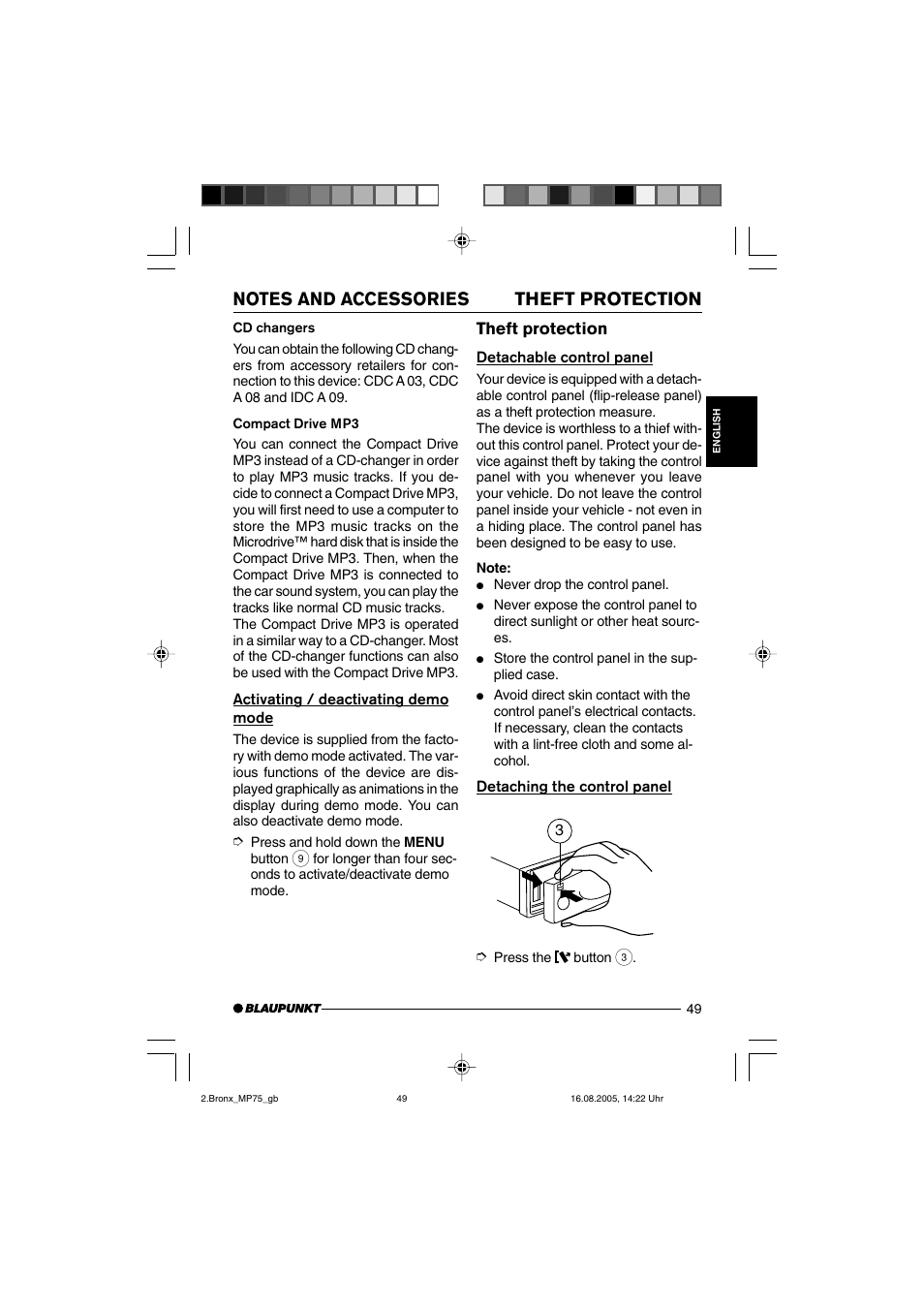 Theft protection | Blaupunkt BRONX MP75 User Manual | Page 8 / 46