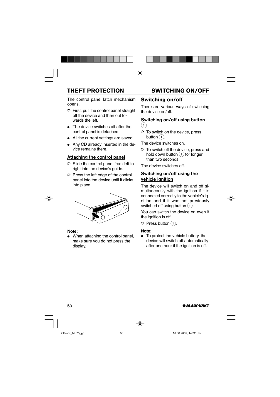 Theft protection, Switching on/off | Blaupunkt BRONX MP75 User Manual | Page 9 / 46