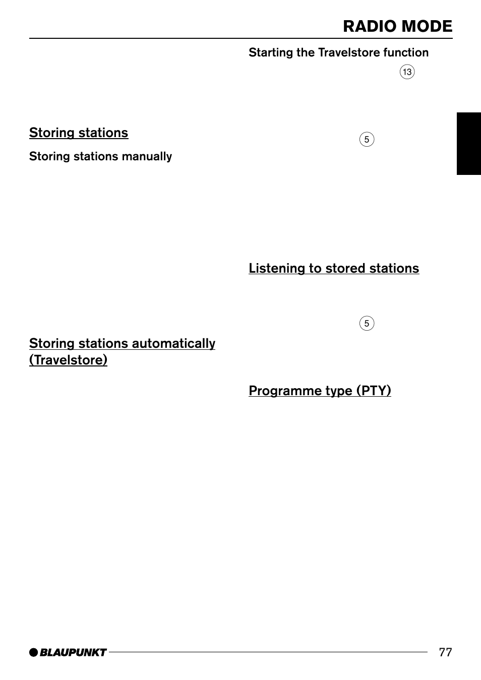 Radio mode, Storing stations, Storing stations automatically (travelstore) | Listening to stored stations, Programme type (pty) | Blaupunkt 7 644 820 310 User Manual | Page 23 / 56