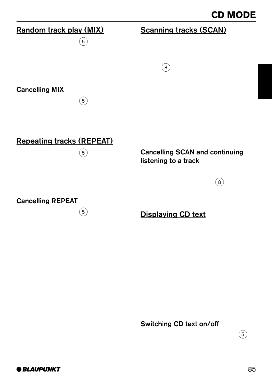 Cd mode, Random track play (mix), Repeating tracks (repeat) | Scanning tracks (scan), Displaying cd text | Blaupunkt 7 644 820 310 User Manual | Page 31 / 56