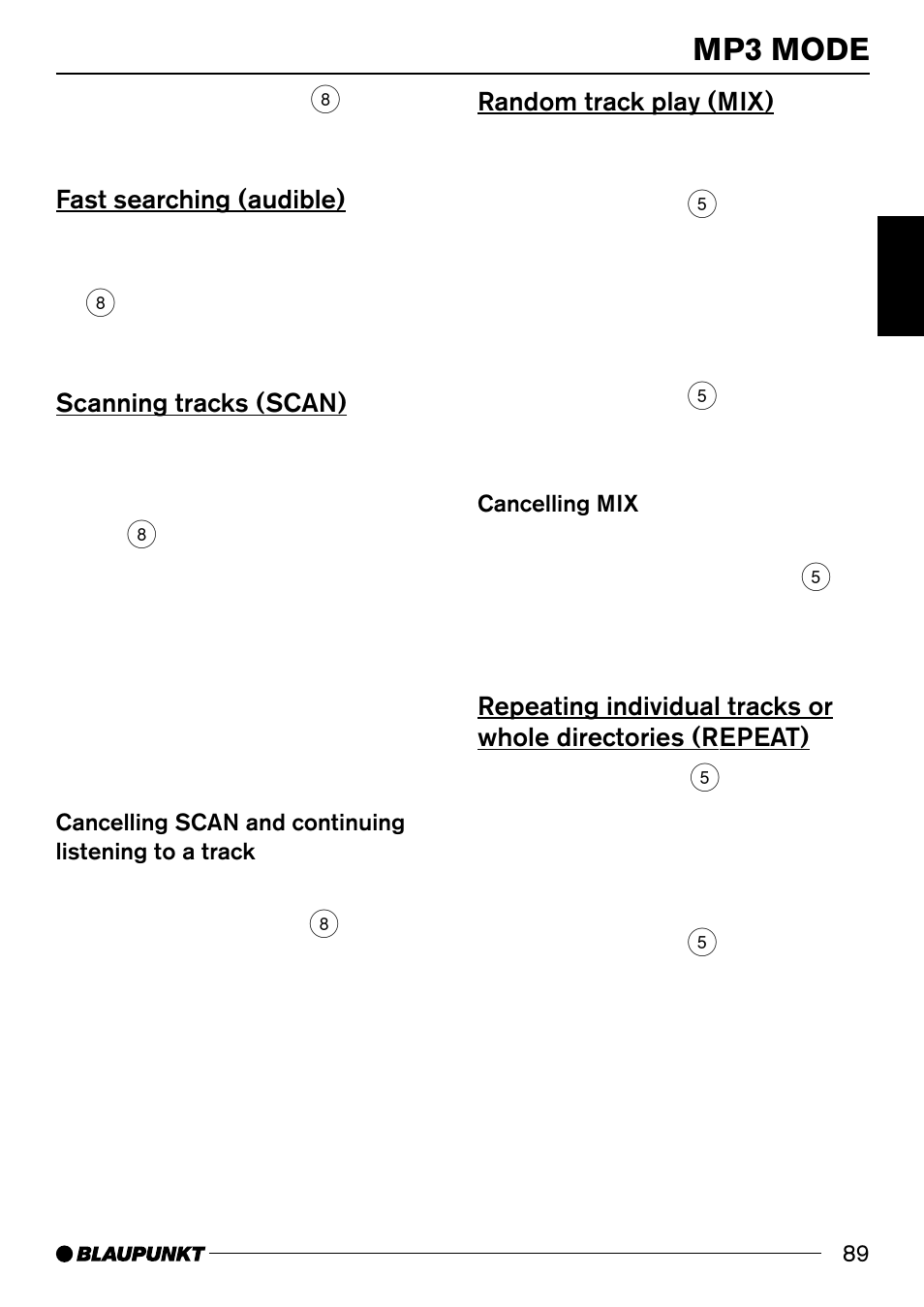 Mp3 mode, Fast searching (audible), Scanning tracks (scan) | Random track play (mix) | Blaupunkt 7 644 820 310 User Manual | Page 35 / 56