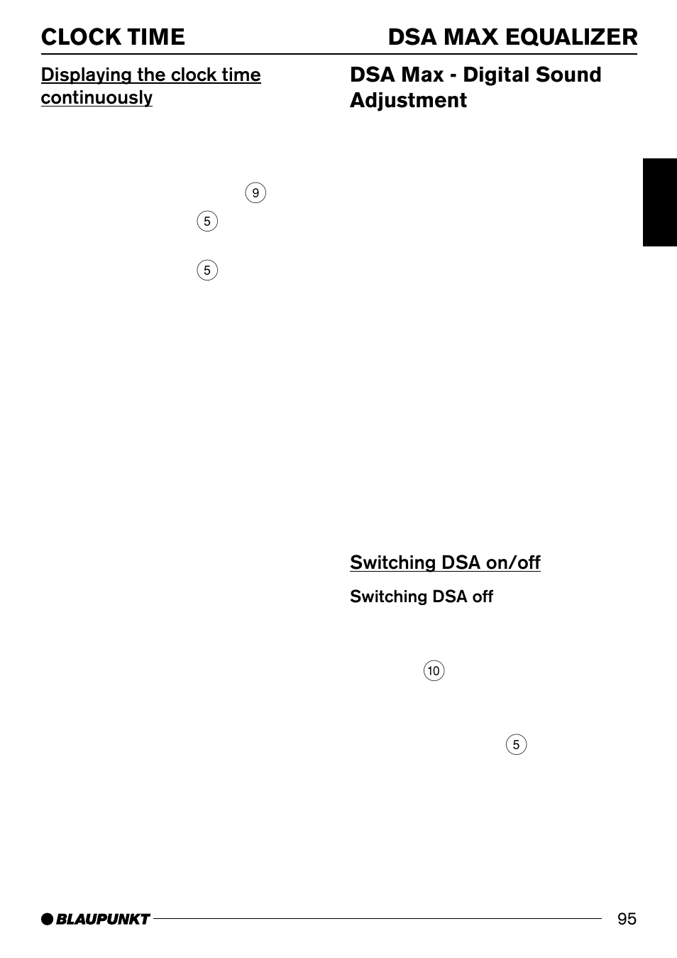 Clock time dsa max equalizer, Dsa max - digital sound adjustment, Displaying the clock time continuously | Switching dsa on/off | Blaupunkt 7 644 820 310 User Manual | Page 41 / 56