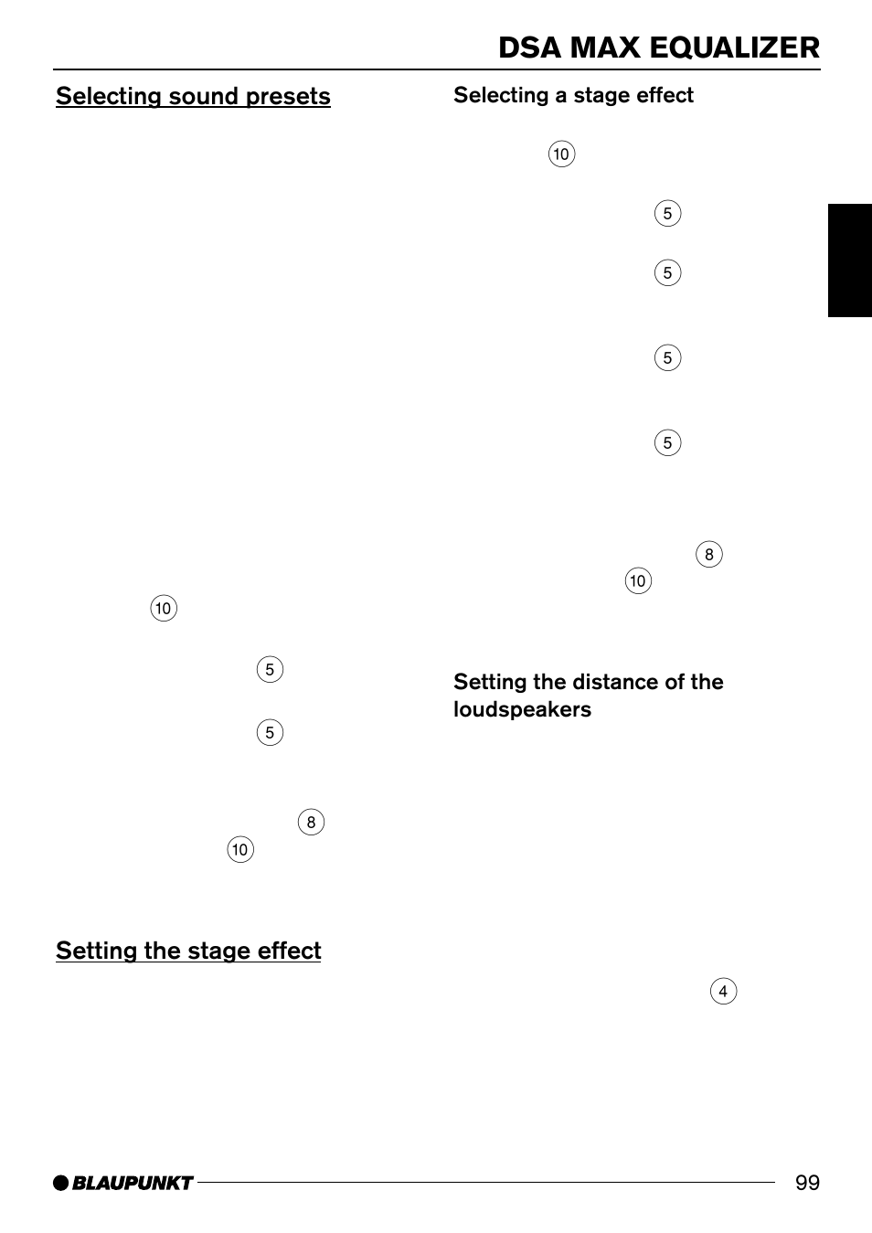 Dsa max equalizer, Selecting sound presets, Setting the stage effect | Blaupunkt 7 644 820 310 User Manual | Page 45 / 56