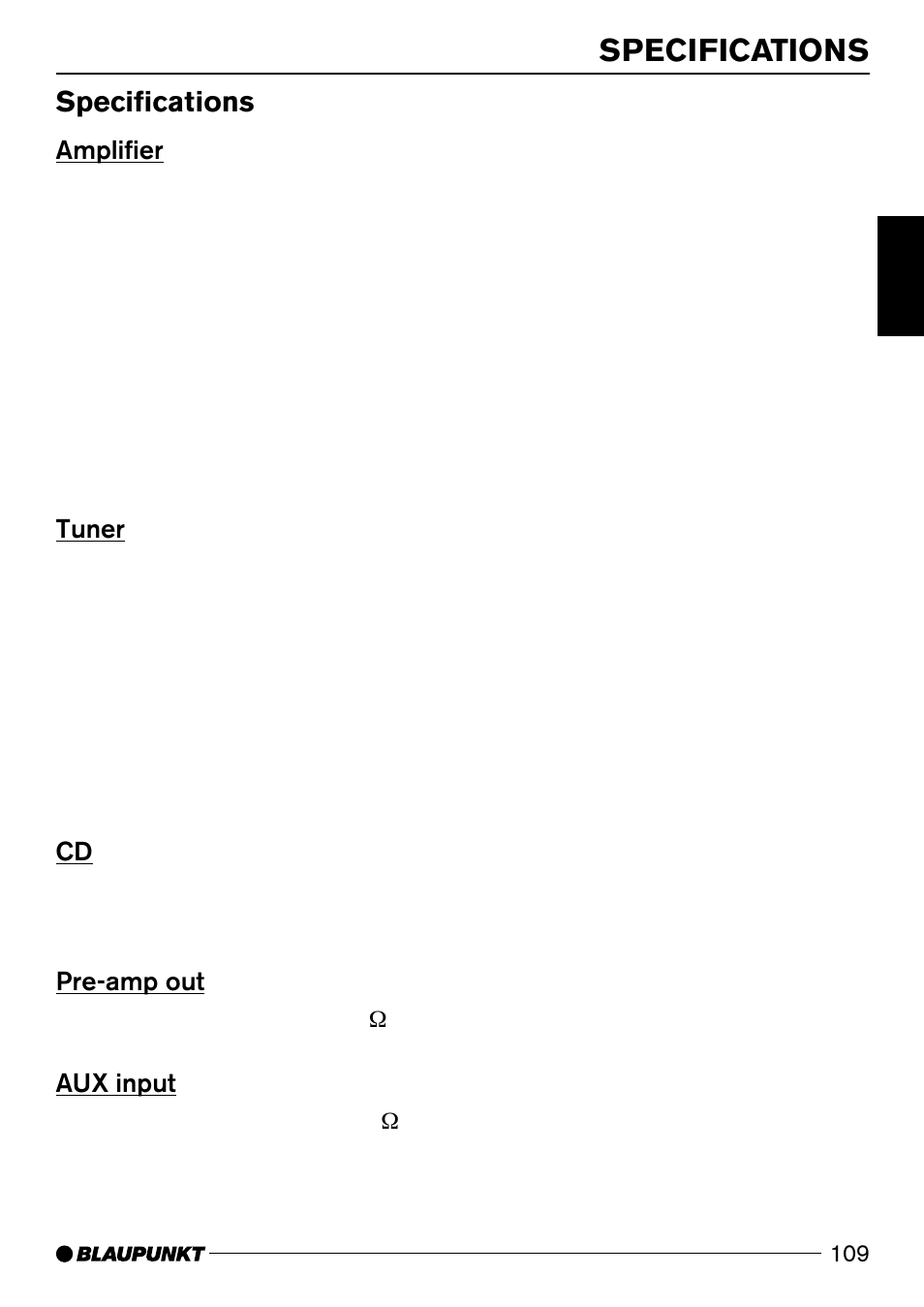 Specifications, Amplifier, Tuner | Pre-amp out, Aux input | Blaupunkt 7 644 820 310 User Manual | Page 55 / 56