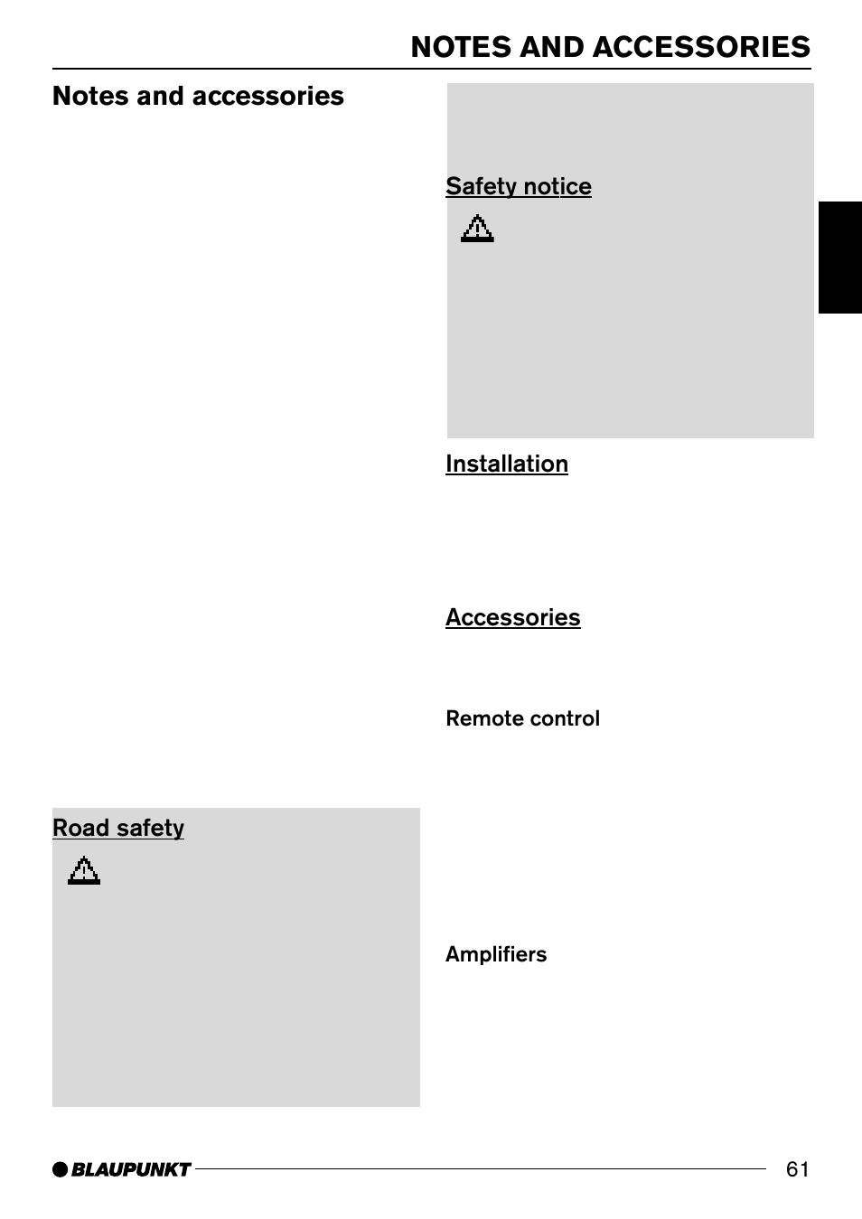 Safety notice, Installation, Accessories | Road safety | Blaupunkt 7 644 820 310 User Manual | Page 7 / 56