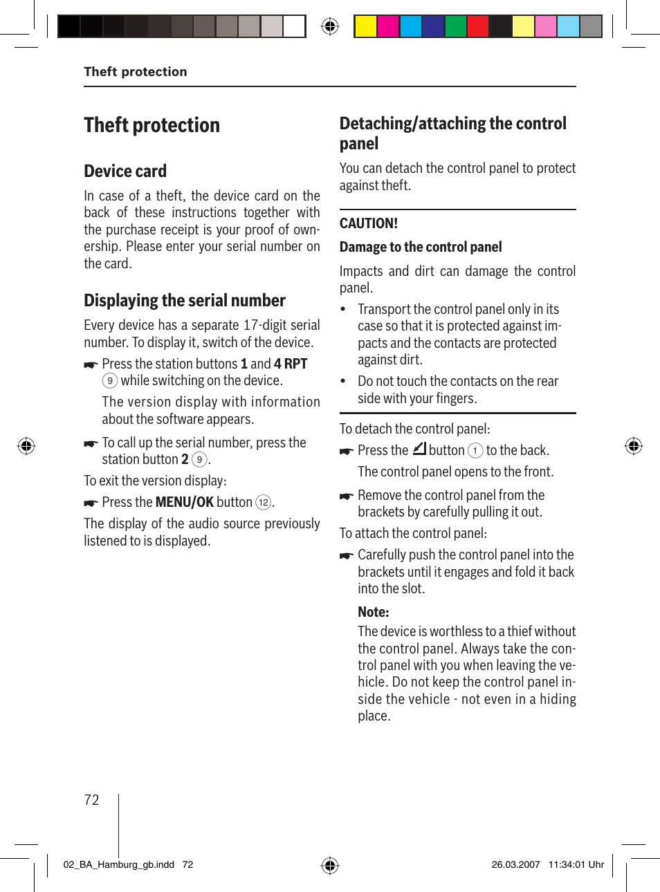 Theft protection, Device card, Displaying the serial number | Detaching/attaching the control panel | Blaupunkt HAMBURG MP57 User Manual | Page 11 / 63