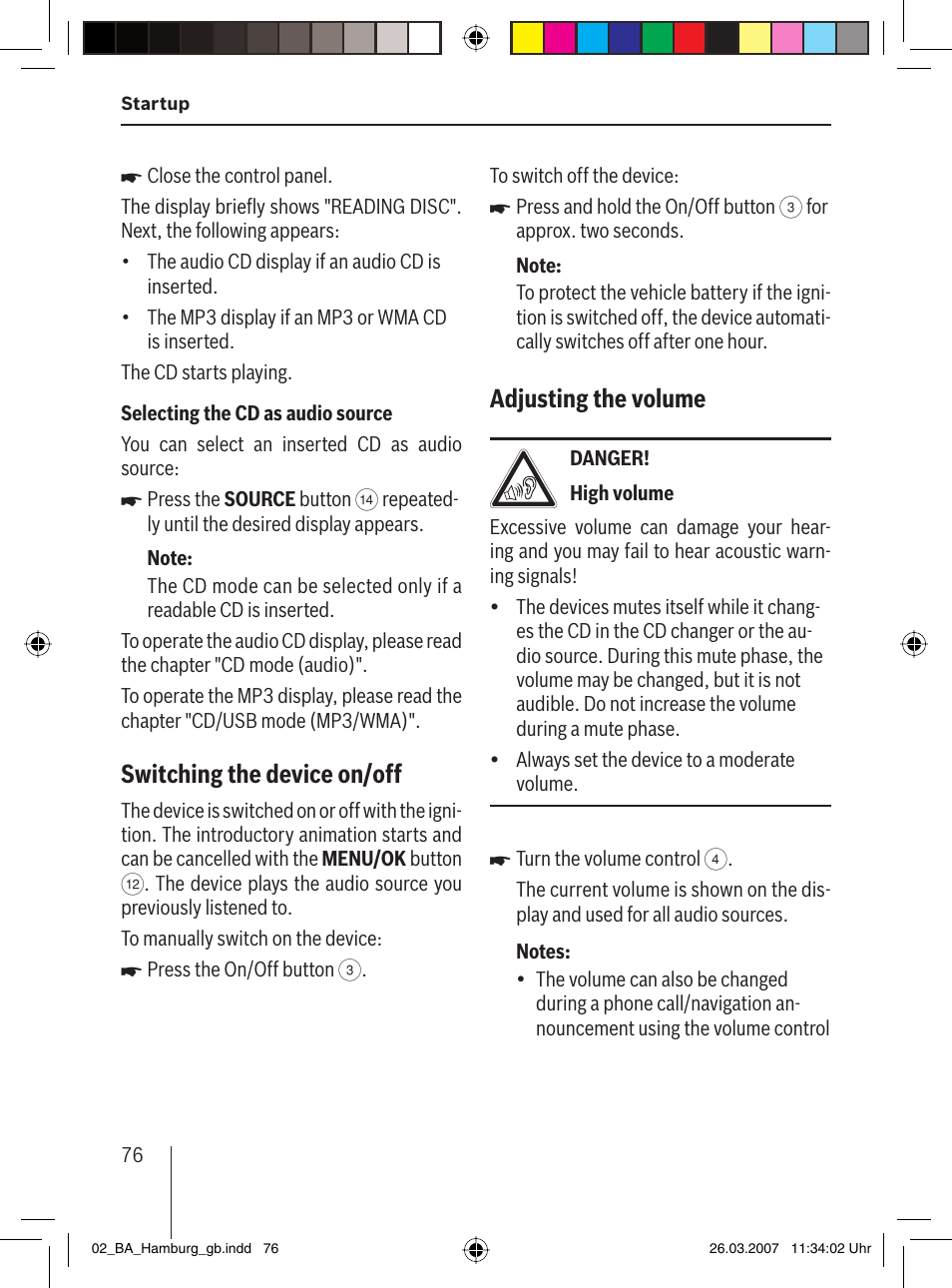 Switching the device on/off, Adjusting the volume | Blaupunkt HAMBURG MP57 User Manual | Page 15 / 63