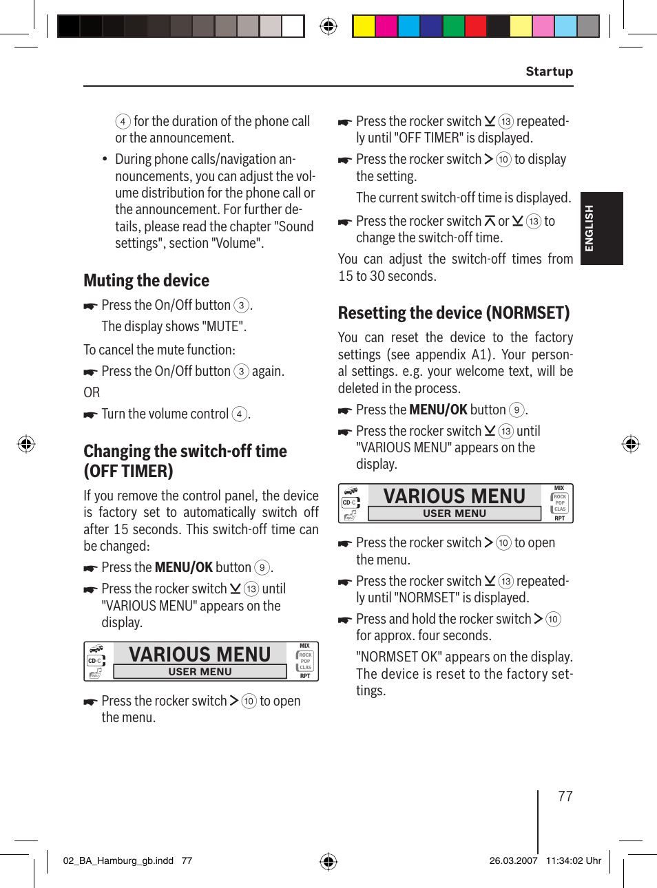 Various menu, Muting the device, Changing the switch-off time (off timer ) | Resetting the device (normset ) | Blaupunkt HAMBURG MP57 User Manual | Page 16 / 63