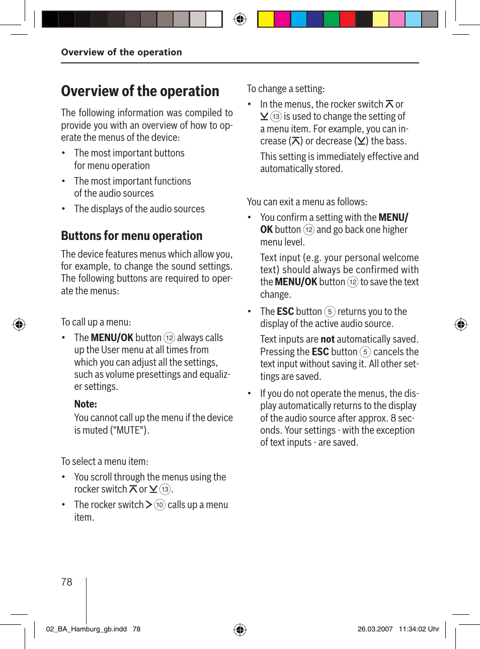 Overview of the operation, Buttons for menu operation | Blaupunkt HAMBURG MP57 User Manual | Page 17 / 63