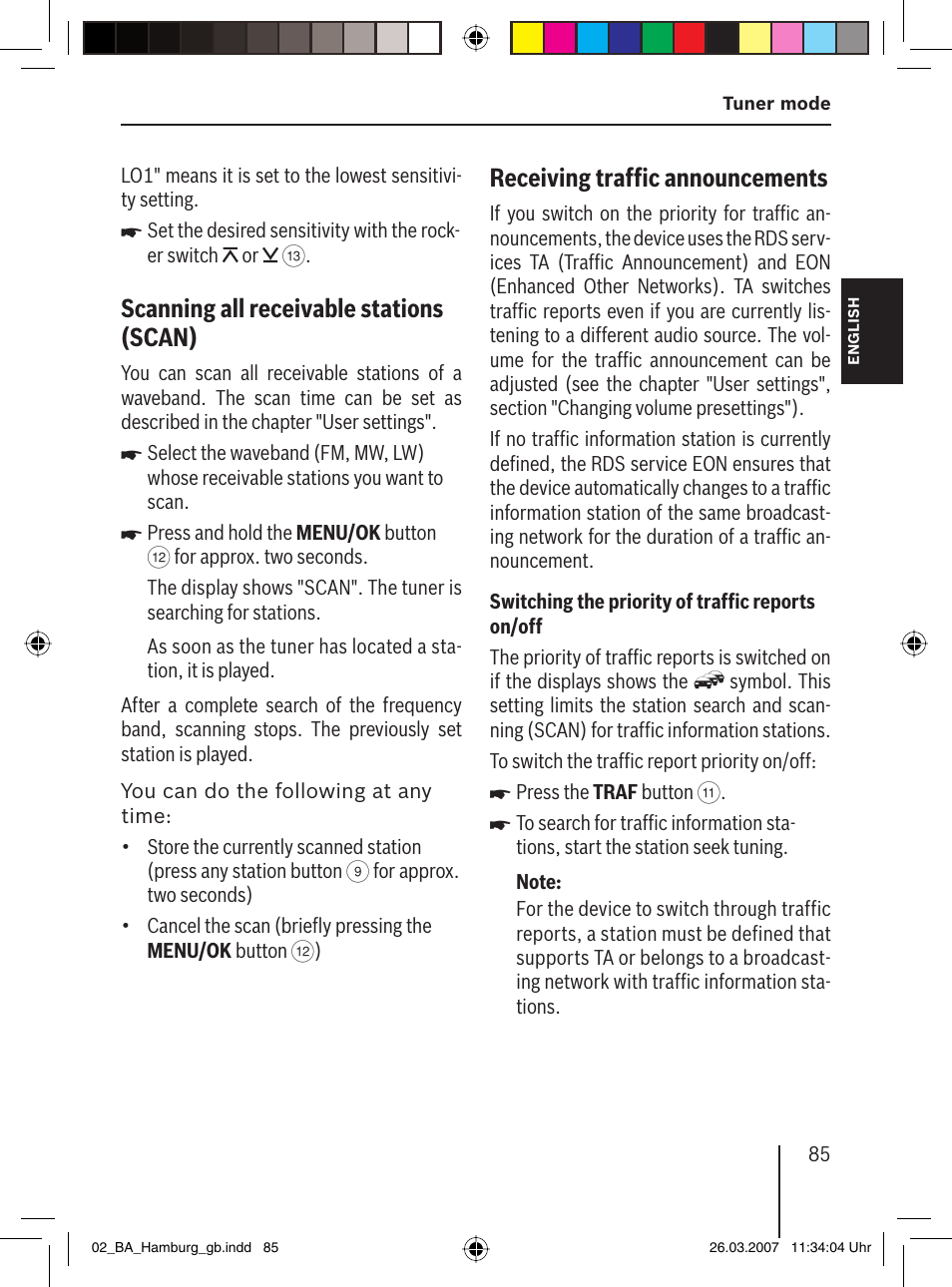 Scanning all receivable stations (scan ), Receiving trafﬁ c announcements | Blaupunkt HAMBURG MP57 User Manual | Page 24 / 63