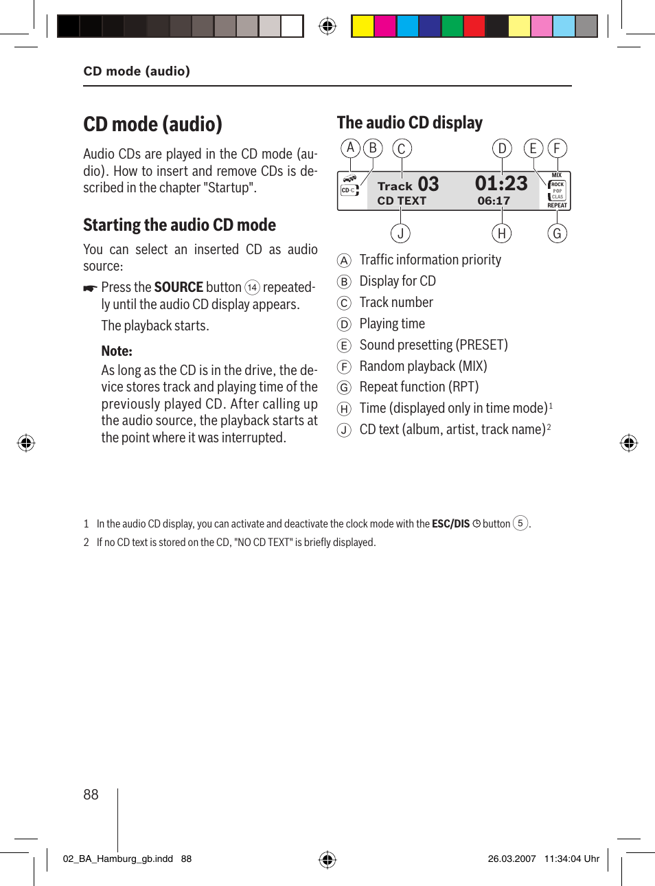 Cd mode (audio), Starting the audio cd mode, The audio cd display | Blaupunkt HAMBURG MP57 User Manual | Page 27 / 63