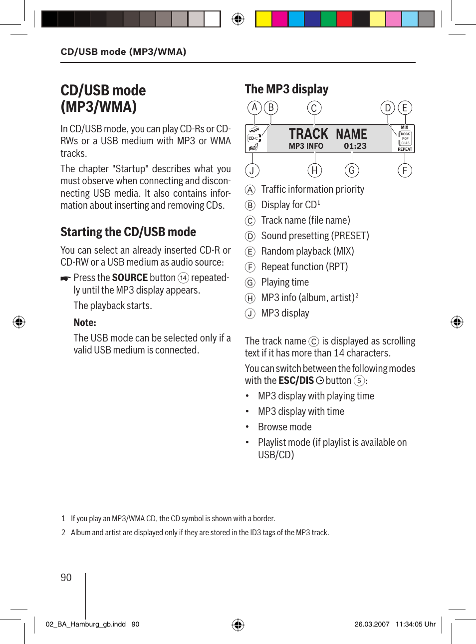 Cd/usb mode (mp3 /wma ), Track name, Starting the cd/usb mode | The mp3 display | Blaupunkt HAMBURG MP57 User Manual | Page 29 / 63