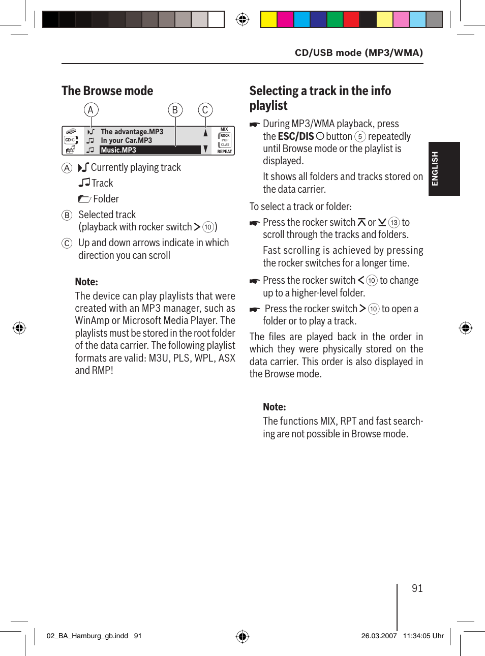 The browse mode, Selecting a track in the info playlist | Blaupunkt HAMBURG MP57 User Manual | Page 30 / 63