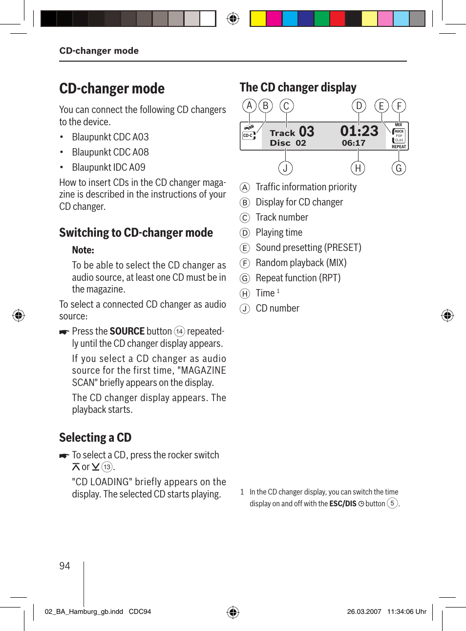 Cd-changer mode, Switching to cd-changer mode, Selecting a cd | The cd changer display | Blaupunkt HAMBURG MP57 User Manual | Page 33 / 63