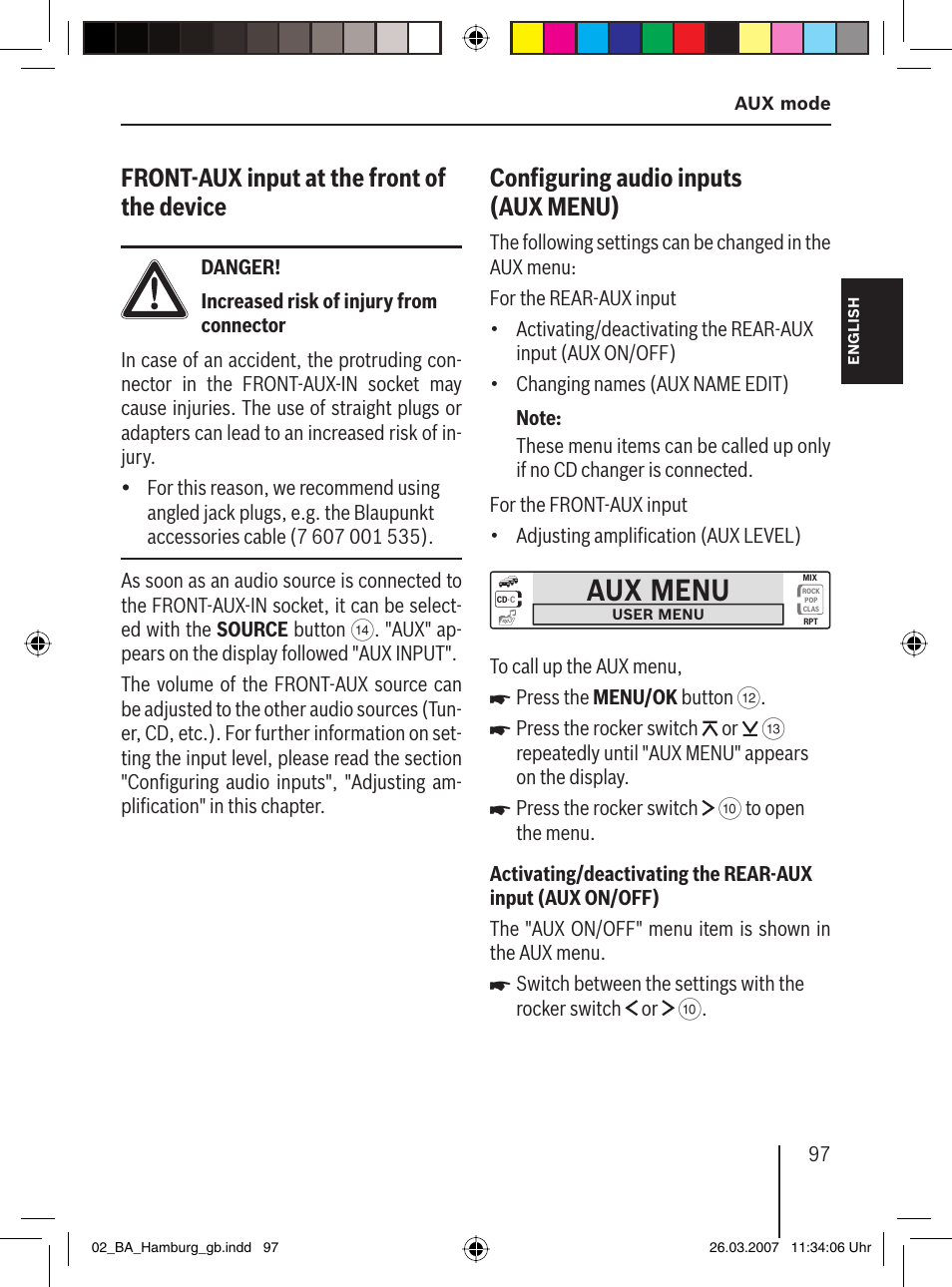 Aux menu, Front-aux input at the front of the device, Conﬁ guring audio inputs (aux menu ) | Blaupunkt HAMBURG MP57 User Manual | Page 36 / 63