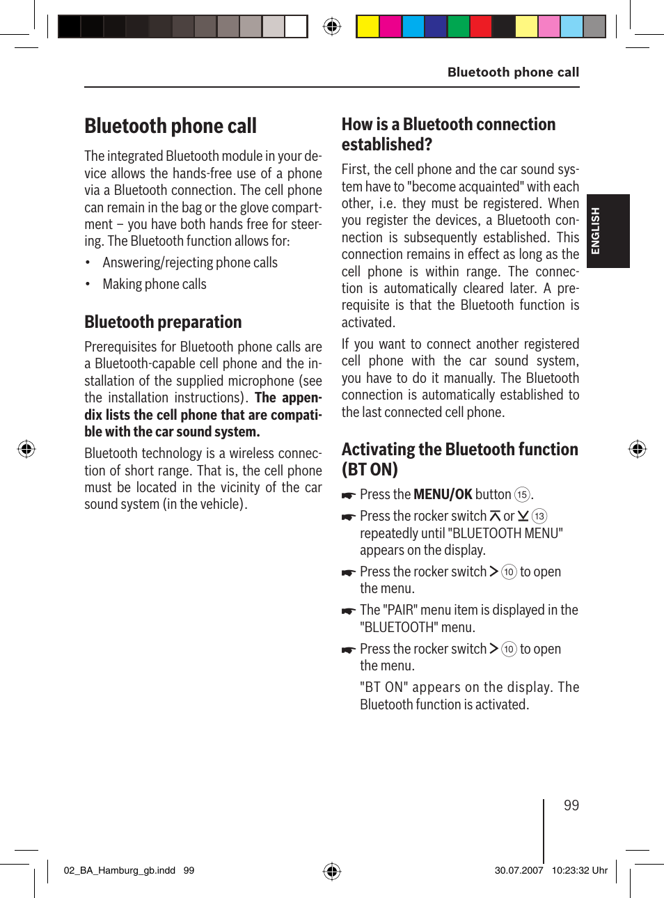 Bluetooth phone call, Bluetooth preparation, How is a bluetooth connection established | Activating the bluetooth function (bt on ) | Blaupunkt HAMBURG MP57 User Manual | Page 38 / 63
