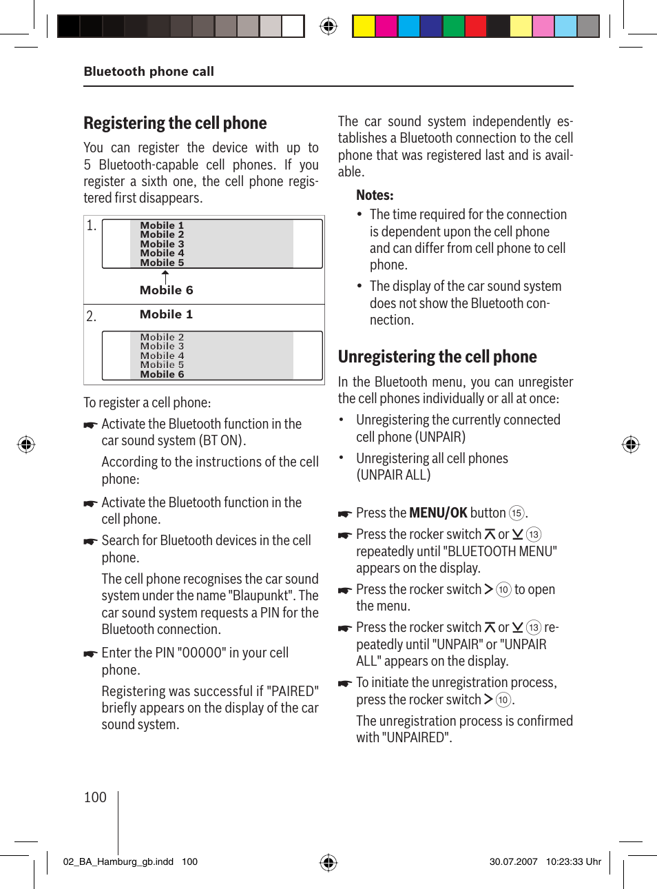 Registering the cell phone, Unregistering the cell phone | Blaupunkt HAMBURG MP57 User Manual | Page 39 / 63