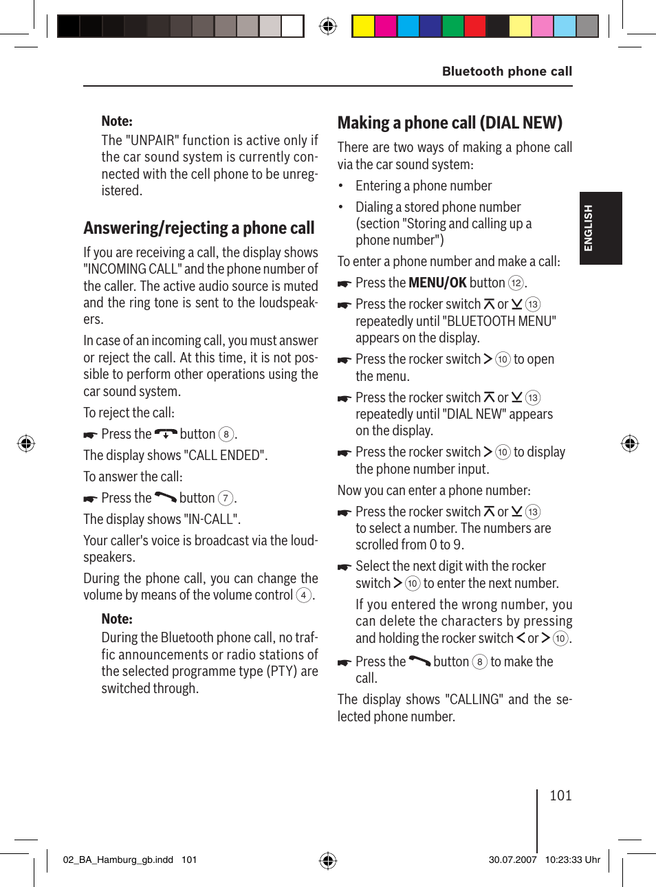 Answering/rejecting a phone call, Making a phone call (dial new ) | Blaupunkt HAMBURG MP57 User Manual | Page 40 / 63