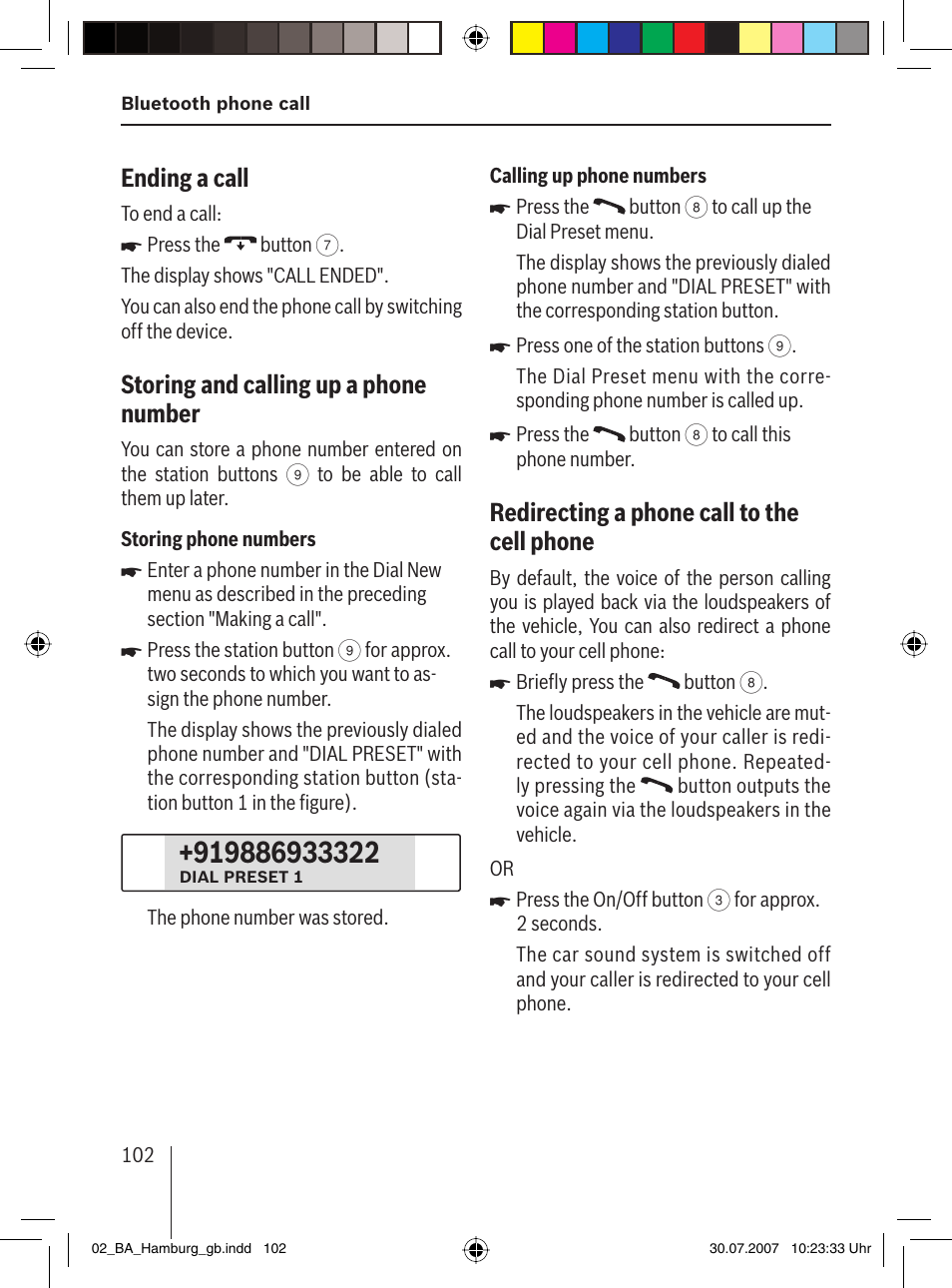 Ending a call, Storing and calling up a phone number, Redirecting a phone call to the cell phone | Blaupunkt HAMBURG MP57 User Manual | Page 41 / 63