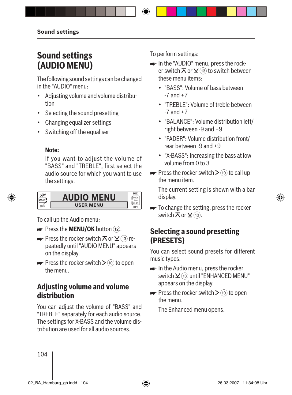 Sound settings (audio menu ), Audio menu, Adjusting volume and volume distribution | Selecting a sound presetting (presets ) | Blaupunkt HAMBURG MP57 User Manual | Page 43 / 63