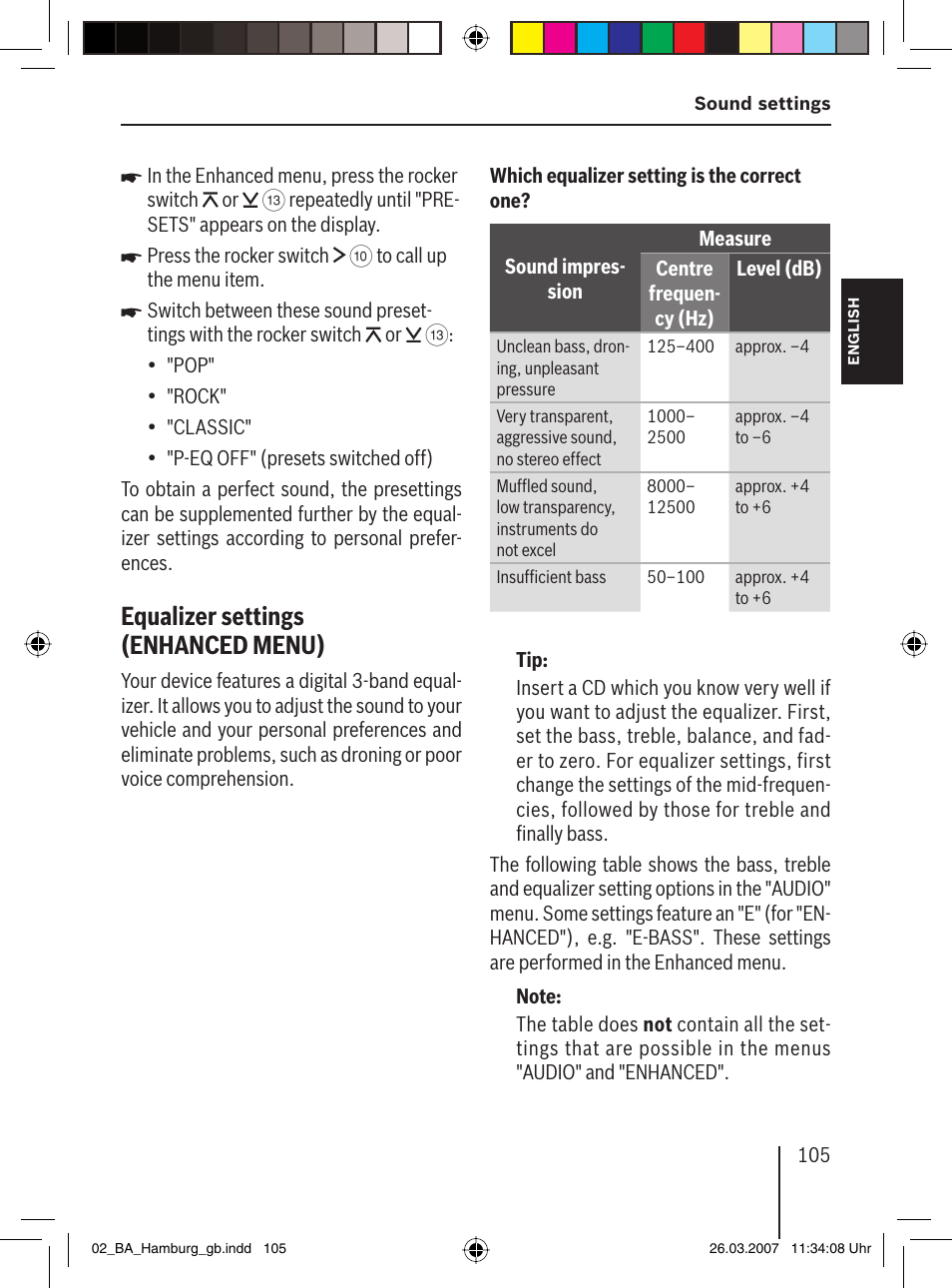 Equalizer settings (enhanced menu) | Blaupunkt HAMBURG MP57 User Manual | Page 44 / 63