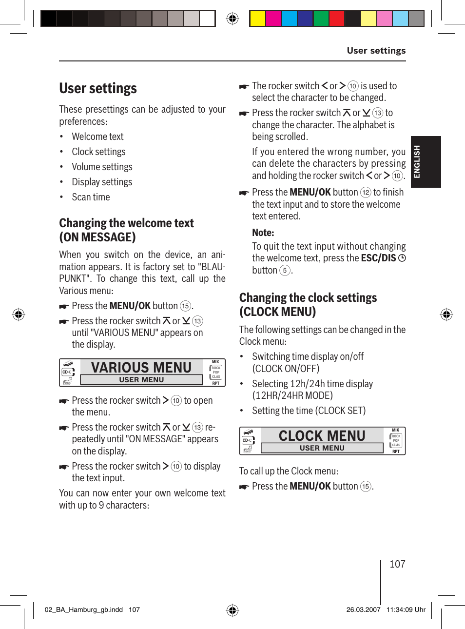 User settings, Various menu, Clock menu | Changing the welcome text (on message ), Changing the clock settings (clock menu) | Blaupunkt HAMBURG MP57 User Manual | Page 46 / 63