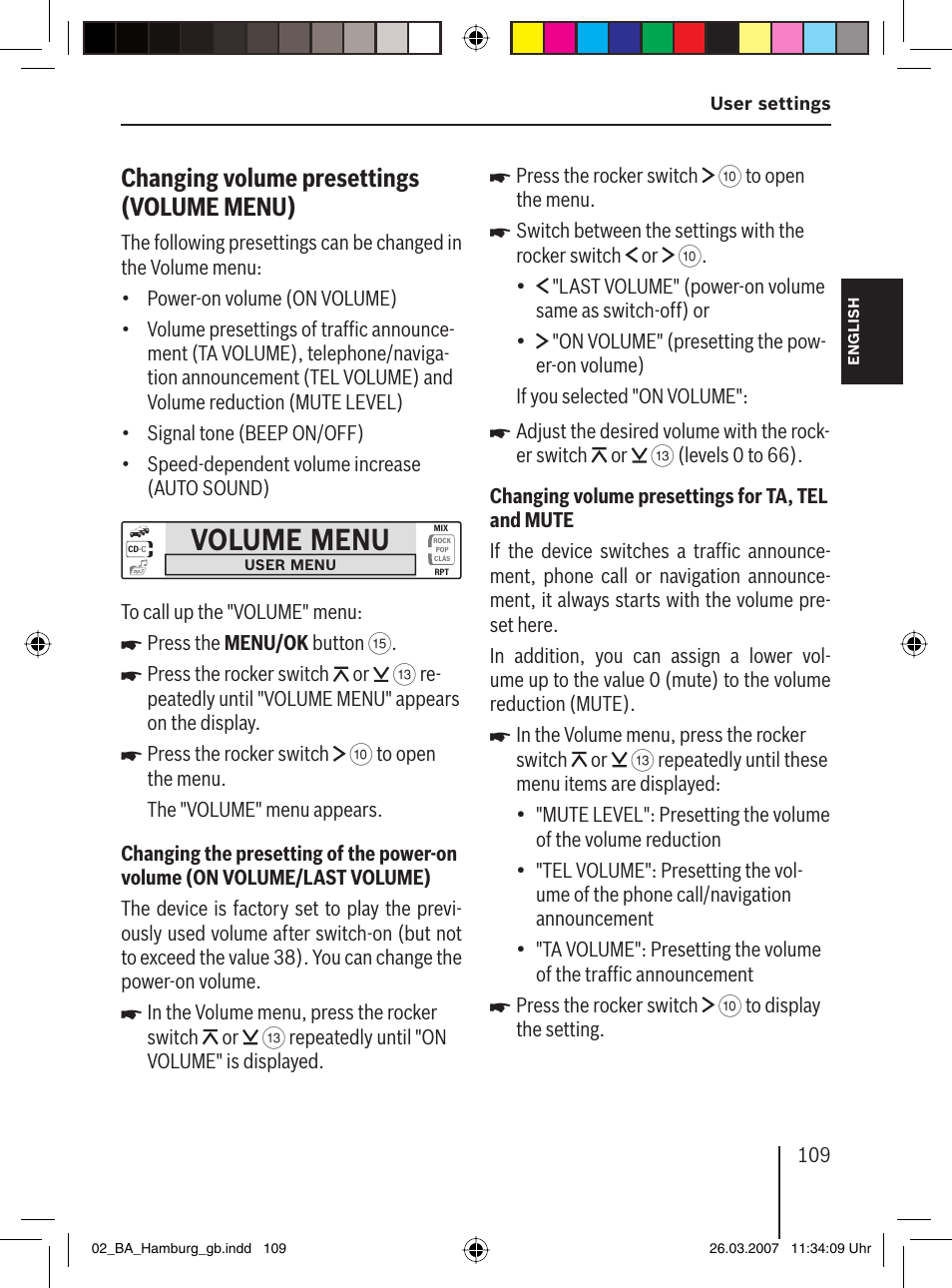 Volume menu, Changing volume presettings (volume menu) | Blaupunkt HAMBURG MP57 User Manual | Page 48 / 63