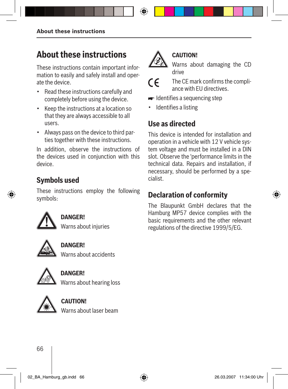 About these instructions, Symbols used, Use as directed | Declaration of conformity | Blaupunkt HAMBURG MP57 User Manual | Page 5 / 63