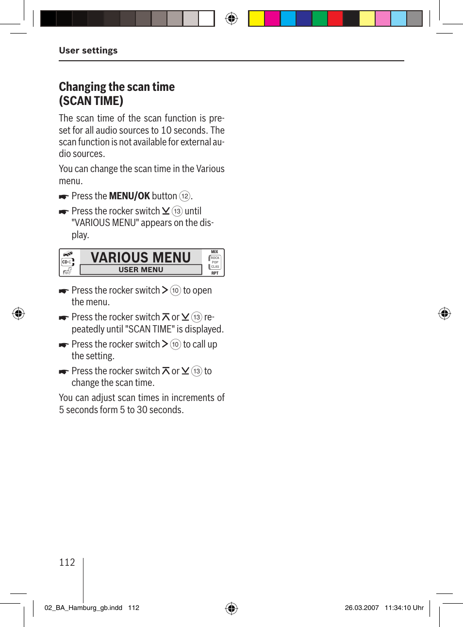 Various menu, Changing the scan time (scan time ) | Blaupunkt HAMBURG MP57 User Manual | Page 51 / 63