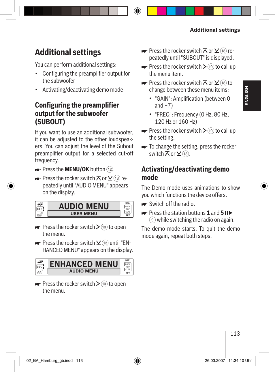 Additional settings, Audio menu, Enhanced menu | Activating/deactivating demo mode | Blaupunkt HAMBURG MP57 User Manual | Page 52 / 63