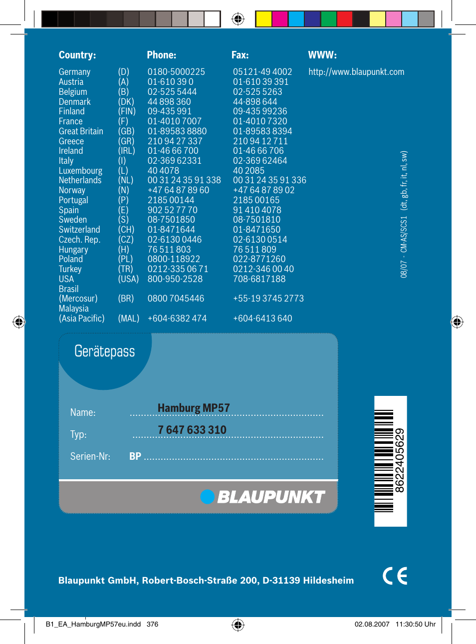 Gerätepass | Blaupunkt HAMBURG MP57 User Manual | Page 63 / 63