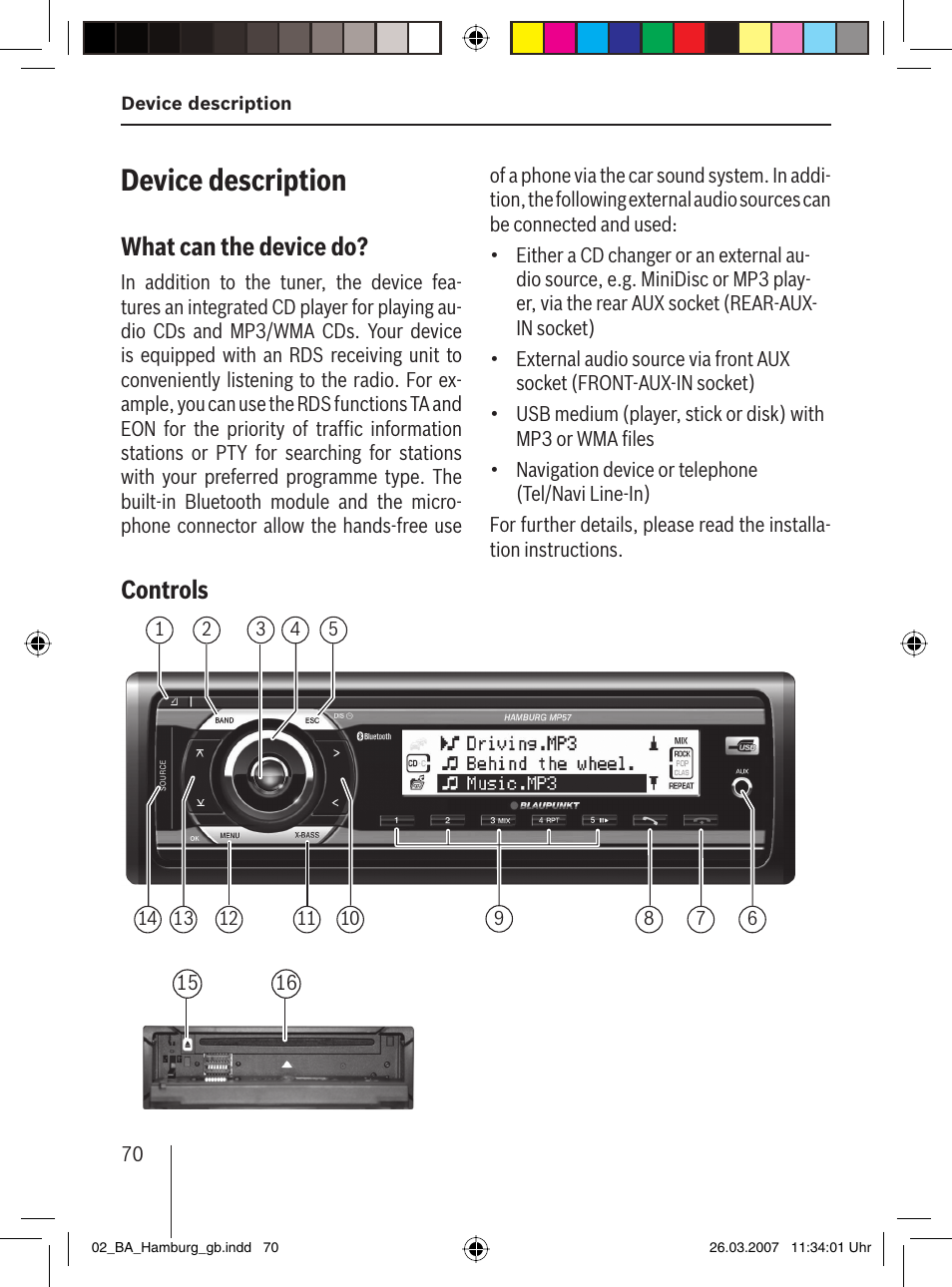 Device description, What can the device do, Controls | Blaupunkt HAMBURG MP57 User Manual | Page 9 / 63