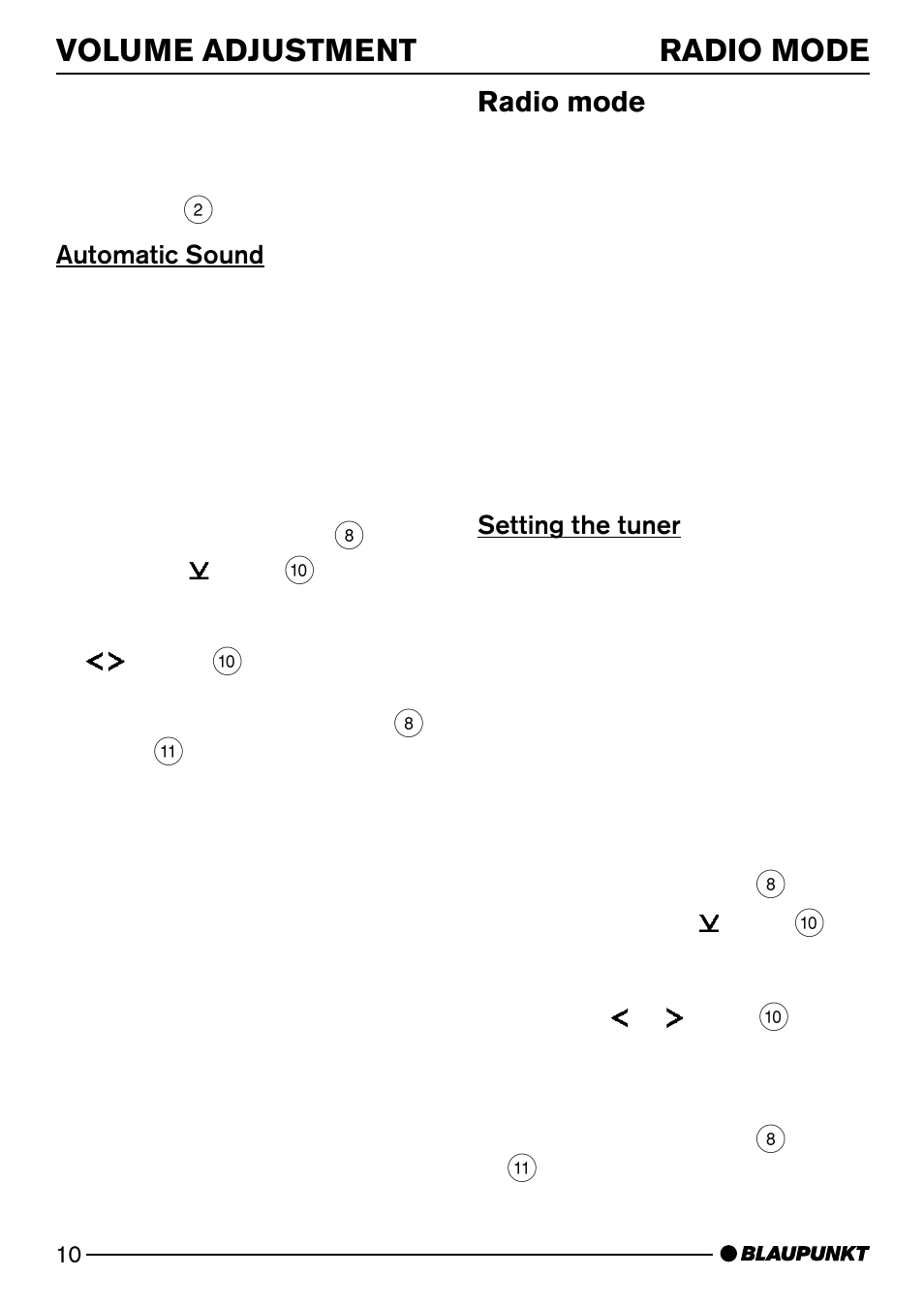 Volume adjustment radio mode, Radio mode | Blaupunkt CD52 User Manual | Page 10 / 34