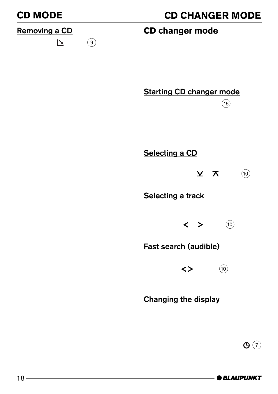 Cd mode cd changer mode, Cd changer mode | Blaupunkt CD52 User Manual | Page 18 / 34