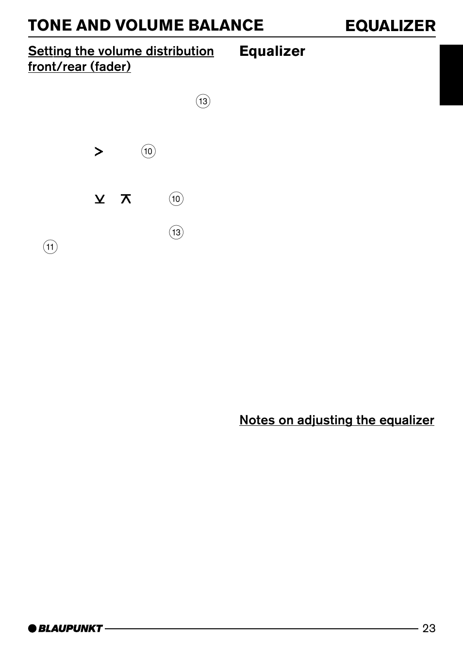 Tone and volume balance equalizer, Equalizer, Setting the volume distribution front/rear (fader) | Blaupunkt CD52 User Manual | Page 23 / 34