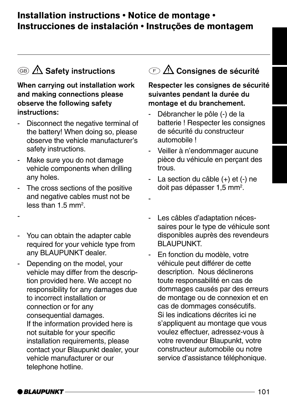 Safety instructions, Consignes de sécurité | Blaupunkt CD52 User Manual | Page 29 / 34