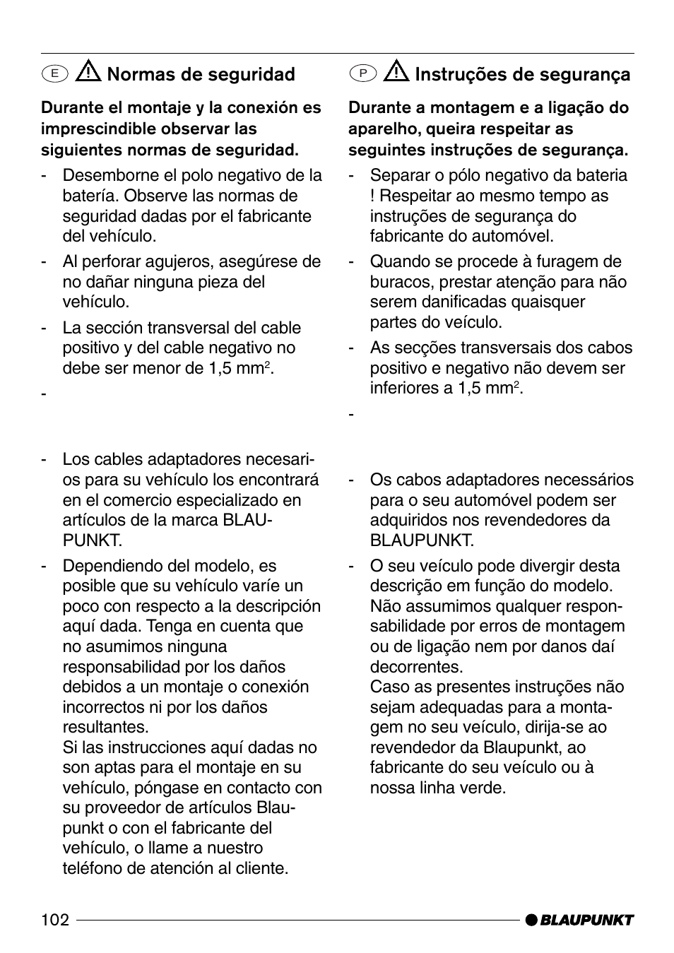 Normas de seguridad, Instruções de segurança | Blaupunkt CD52 User Manual | Page 30 / 34
