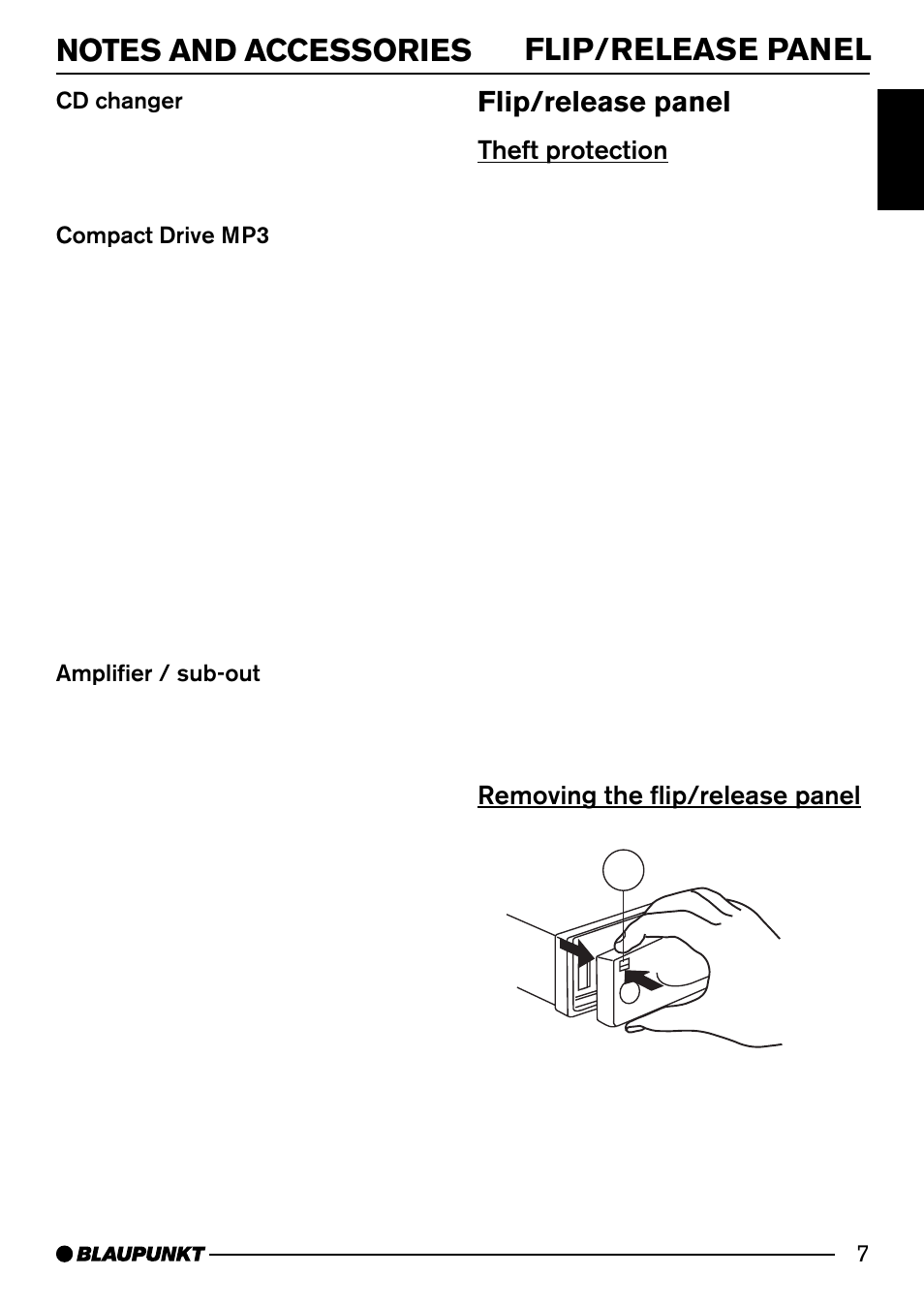 Flip/release panel, Theft protection, Removing the flip/release panel 1 | Blaupunkt CD52 User Manual | Page 7 / 34