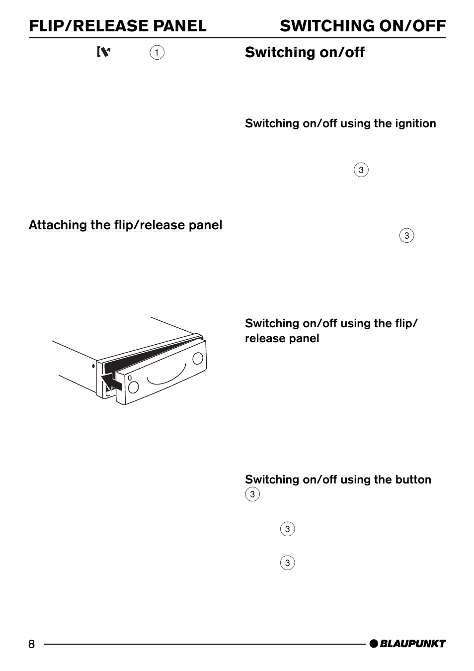 Flip/release panel switching on/off, Switching on/off | Blaupunkt CD52 User Manual | Page 8 / 34