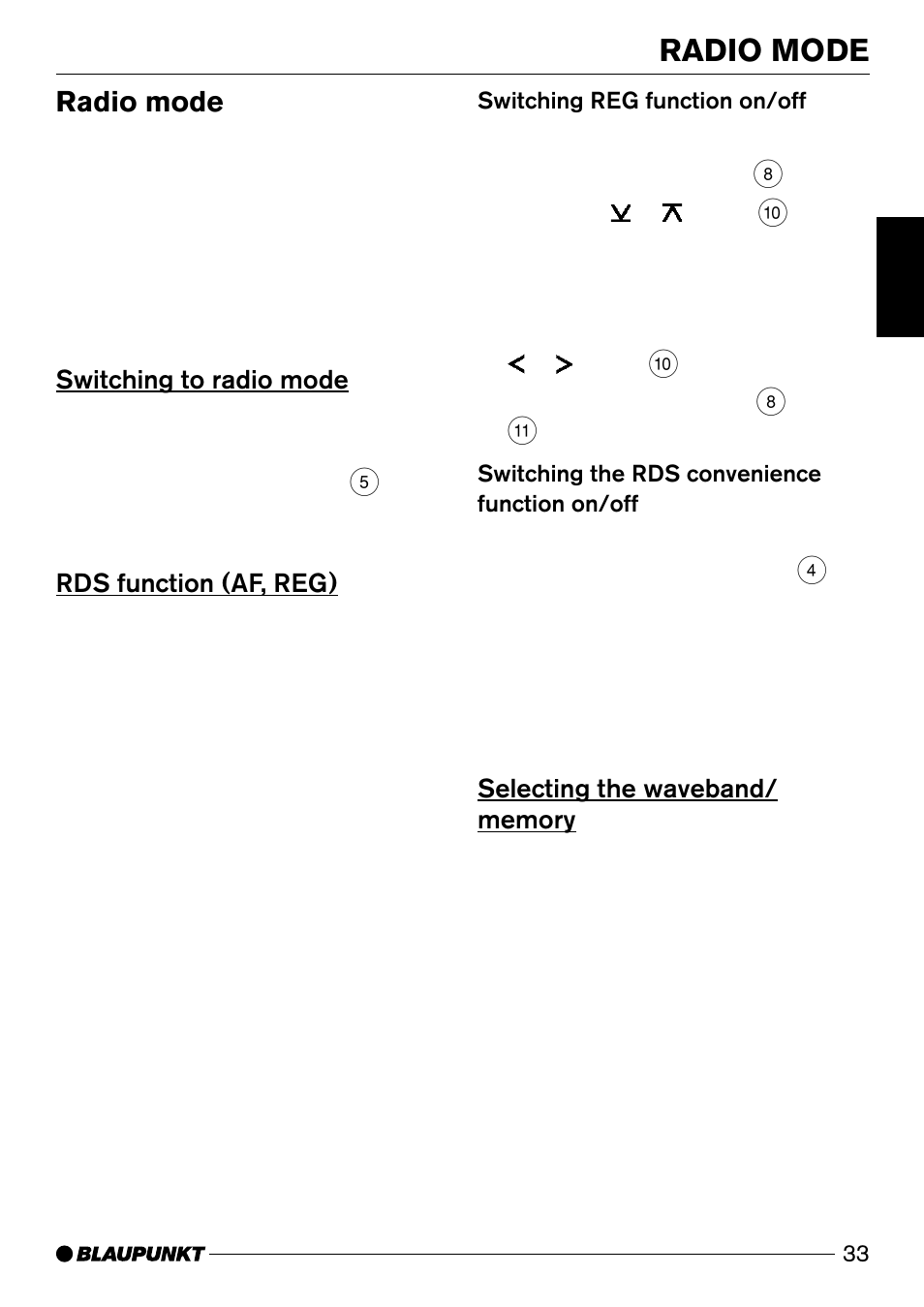 Radio mode, Switching to radio mode, Rds function (af, reg) | Blaupunkt Modena CD51 User Manual | Page 10 / 24