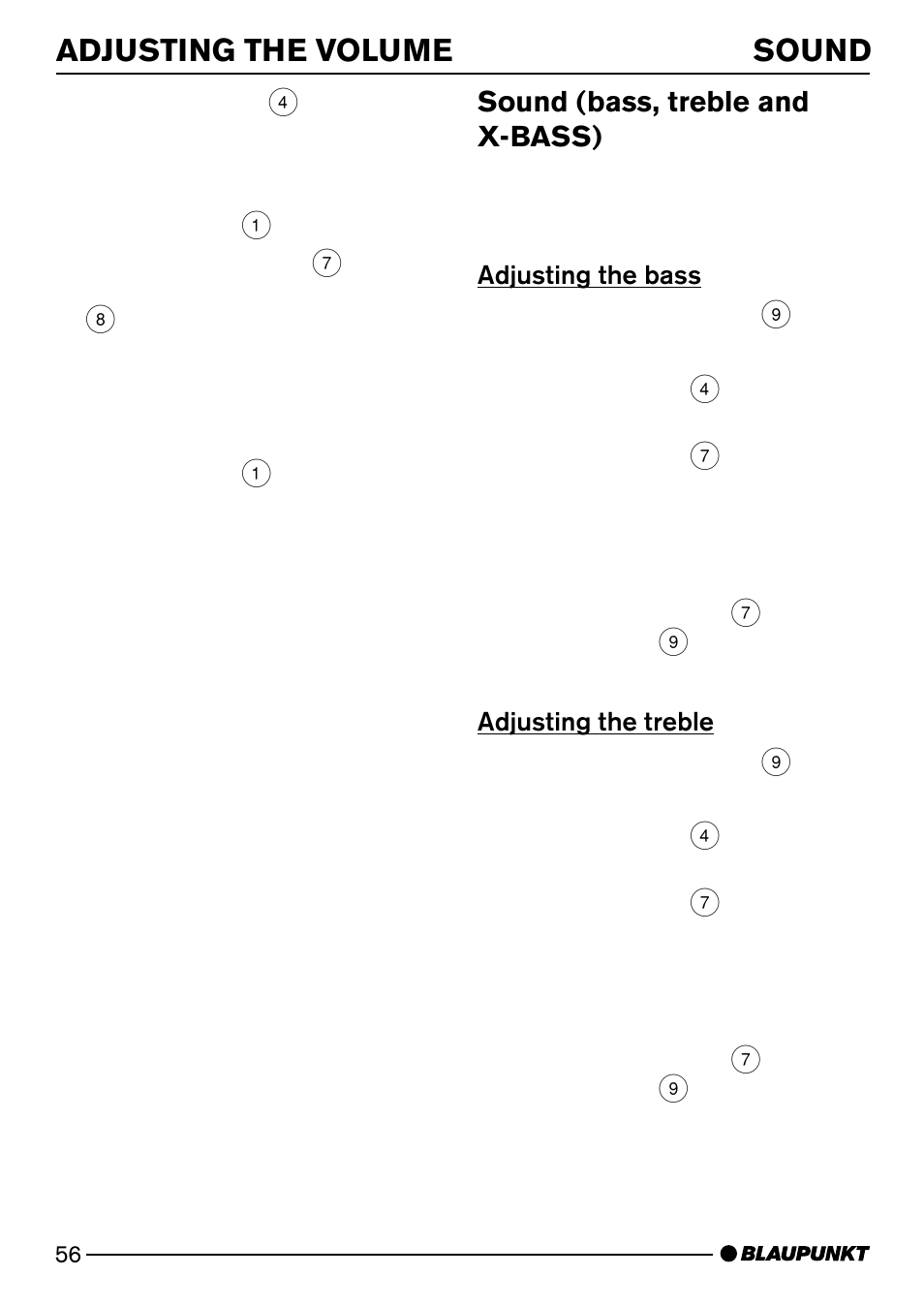 Adjusting the volume, Sound, Sound (bass, treble and x-bass) | Blaupunkt SAN FRANCISCO CD72 User Manual | Page 14 / 78