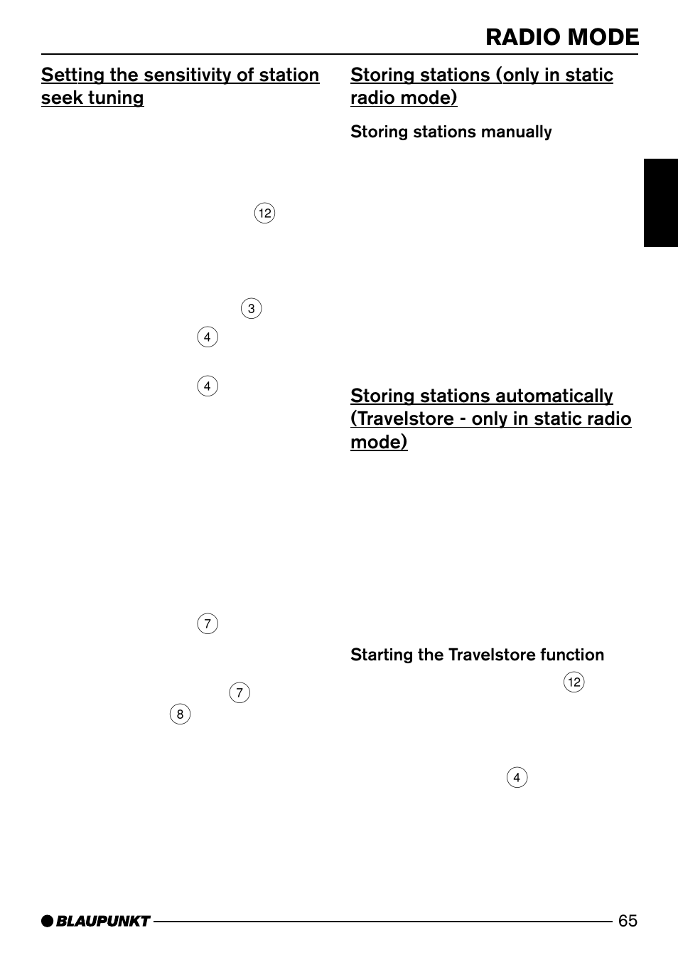 Radio mode, Setting the sensitivity of station seek tuning, Storing stations (only in static radio mode) | Blaupunkt SAN FRANCISCO CD72 User Manual | Page 23 / 78