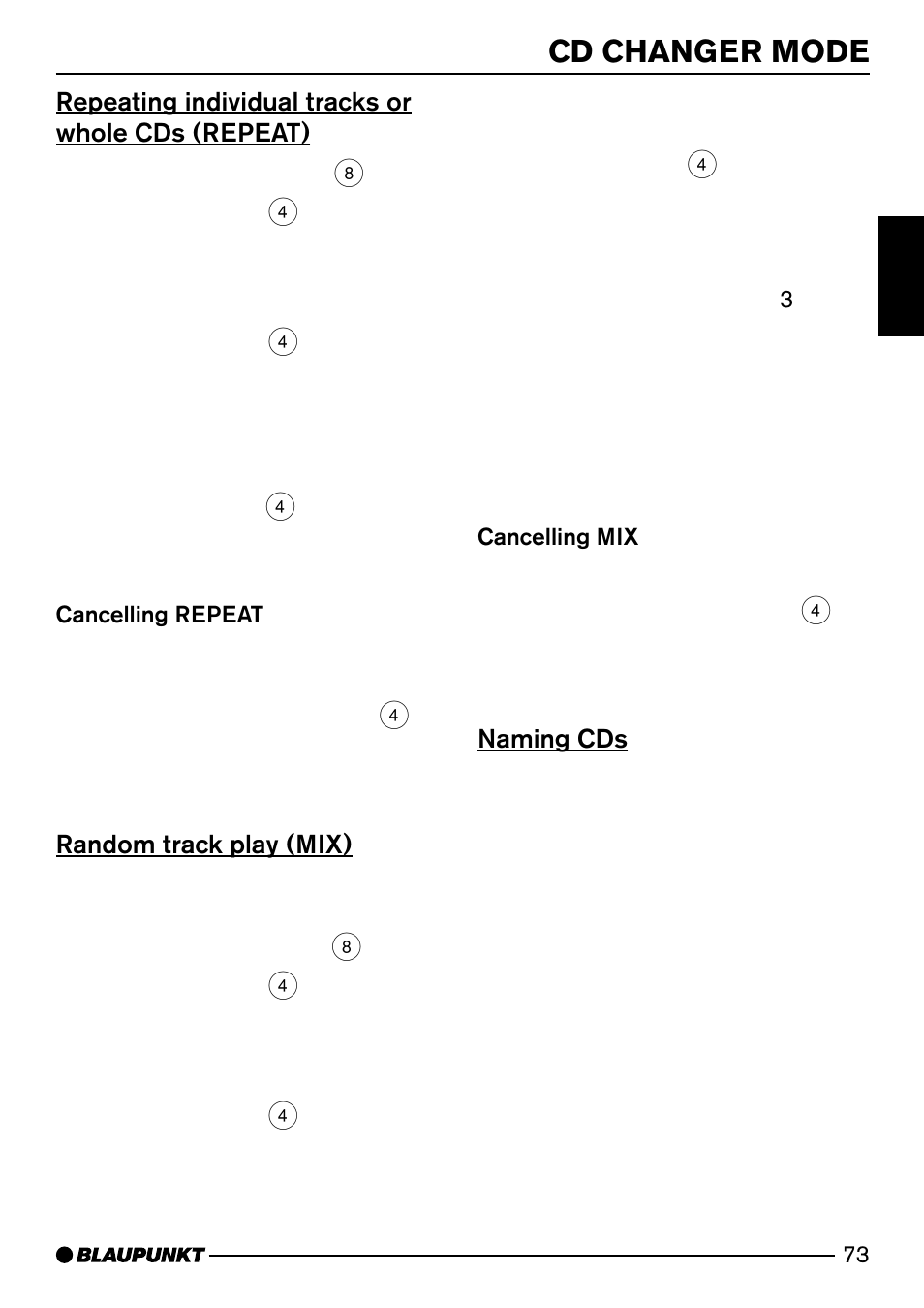 Cd changer mode, Repeating individual tracks or whole cds (repeat), Random track play (mix) | Naming cds | Blaupunkt SAN FRANCISCO CD72 User Manual | Page 31 / 78