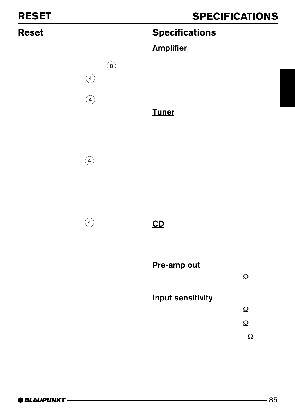 Specifications reset, Specifications, Reset | Amplifier, Tuner, Pre-amp out, Input sensitivity | Blaupunkt SAN FRANCISCO CD72 User Manual | Page 43 / 78