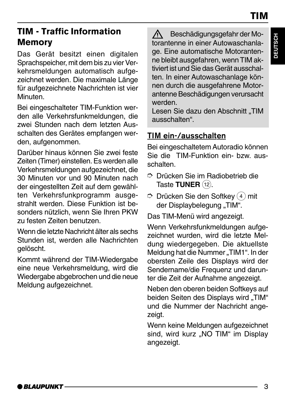 Deutsch, Tim ein-/ausschalten, Tim - traffic information memory | Blaupunkt SAN FRANCISCO CD72 User Manual | Page 47 / 78