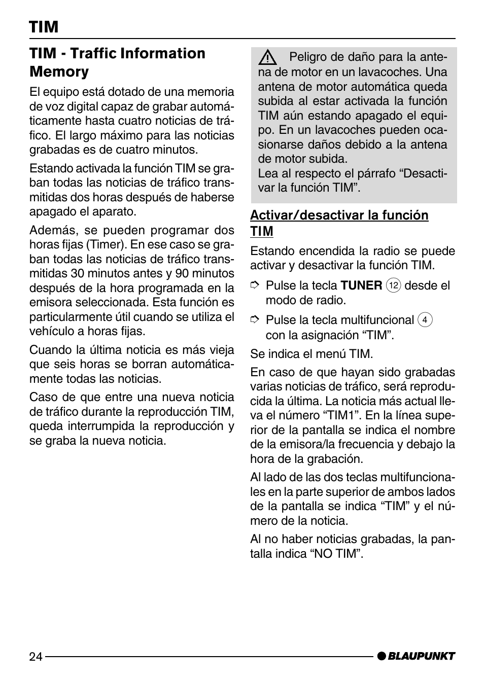 Activar/desactivar la función tim, Tim - traffic information memory . 24 | Blaupunkt SAN FRANCISCO CD72 User Manual | Page 68 / 78