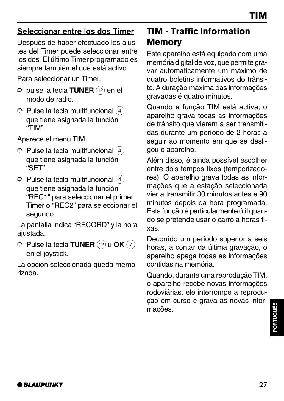 Seleccionar entre los dos timer, Tim - traffic information memory . 27 | Blaupunkt SAN FRANCISCO CD72 User Manual | Page 71 / 78