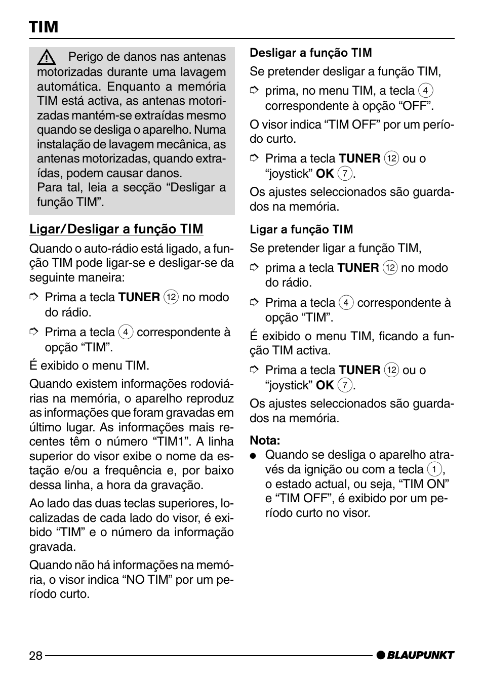 Ligar/desligar a função tim | Blaupunkt SAN FRANCISCO CD72 User Manual | Page 72 / 78